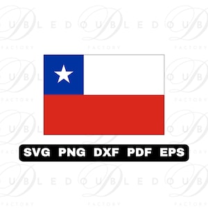 May include: The flag of Chile, featuring a blue square with a white star in the upper hoist corner, a white stripe, and a red stripe. Below the flag is a black rectangle with the text: SVG PNG DXF PDF EPS.