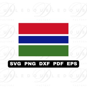 Może przedstawiać: Grafika wektorowa flagi Gambii, z trzema poziomymi pasami w kolorze czerwonym, niebieskim i zielonym. Poniżej czarny prostokąt z napisem "SVG PNG DXF PDF EPS".