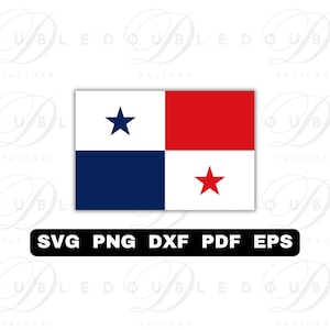 Op de afbeelding: Een digitale afbeelding van de Panamese vlag, met een wit veld met een blauwe ster, een rood veld en een wit veld met een rode ster. Daaronder een zwarte rechthoek met de tekst "SVG PNG DXF PDF EPS".