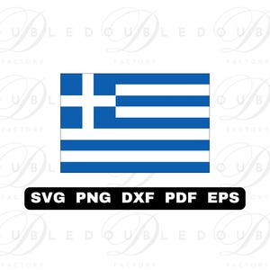 Puede incluir: Un gráfico digital de la bandera griega, con rayas azules y blancas y una cruz blanca en la esquina superior izquierda. Debajo, un rectángulo negro con el texto "SVG PNG DXF PDF EPS".