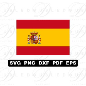 May include: A red and yellow flag with the coat of arms of Spain in the centre. The flag is a digital download in SVG, PNG, DXF, PDF and EPS formats.