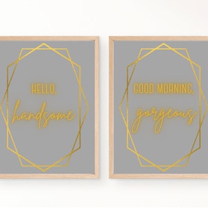 Set Of 2 Quote His and Her Bedroom Printable Wall Art. Modern Geometric Couples Saying Above Bed Decor.