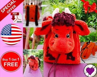 Crochet Pattern Plush Backpack Sweet Bull, fluffycrochetbear, krutoys pattern, häkelanleitung, español patrón, ebook doll crochet