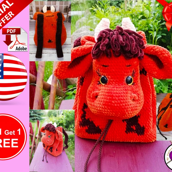 Häkelanleitung Plüsch Rucksack Sweet Bull, flauschigcrochetbear, krutoys pattern, häkelanleitung, español patrón, ebook doll häkeln