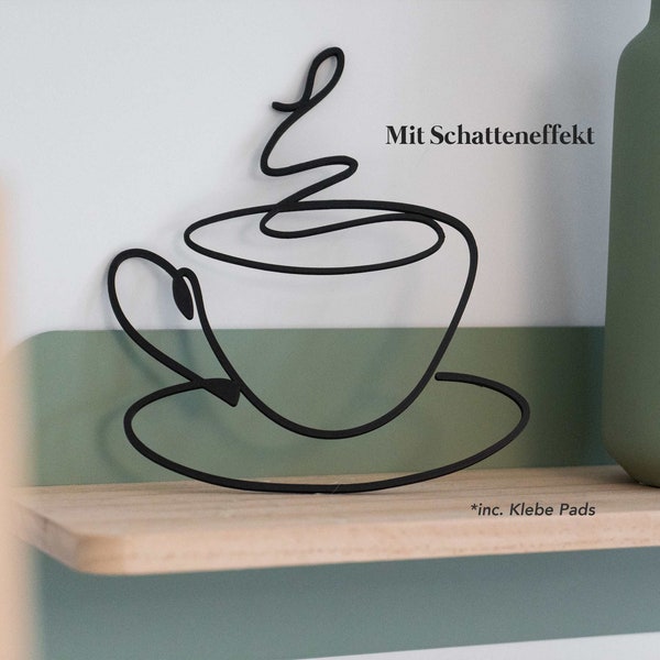 Große Line Art Café Tasse für die Küche zum an die Wand hängen | 3D Schwarze Minimaliste Wanddecoration, Magnetische Kaffe Kunst die glänzt
