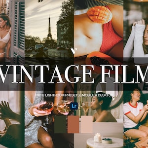 May include: A collage of lifestyle images with a vintage film aesthetic. The central text reads "VINTAGE FILM" with "VIRTU LIGHTROOM PRESETS MOBILE & DESKTOP" below. The images include a woman in lingerie, the Eiffel Tower, and people enjoying food and drinks.