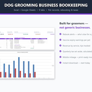 Puede incluir: Una plantilla de contabilidad digital para negocios de peluquer&iacute;a canina, que incluye un panel con datos de ingresos, gastos y beneficios, un gr&aacute;fico de barras mensual y una lista de funciones de gesti&oacute;n y seguimiento.