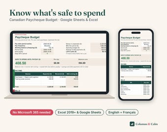 Hoja de cálculo de presupuesto por nómina en Canadá, Presupuesto quincenal por nómina en Google Sheets y Excel, Seguimiento de facturas, Gasto seguro, Plantilla de presupuesto para principiantes