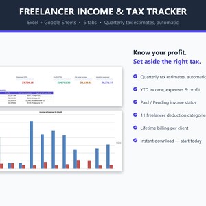 May include: A digital Freelancer Income & Tax Tracker spreadsheet template for Excel and Google Sheets. It features a dashboard with financial data, a bar chart comparing monthly income and expenses, and a list of six key tracking features.