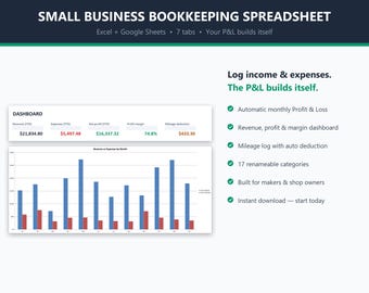 Kalkylblad för bokföring för småföretag, inkomst- och kostnadsspårning, vinst- och förlustrapport (Excel/Google Sheets)