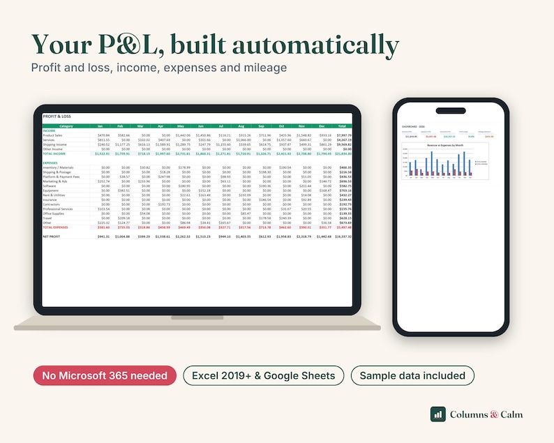 Modello di conto economico per Fogli Google ed Excel, foglio di calcolo per la contabilità delle piccole imprese, strumento di monitoraggio delle entrate e delle uscite, rendiconto economico, registro chilometrico immagine 1