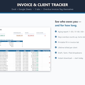 May include: An Invoice & Client Tracker digital spreadsheet for Excel and Google Sheets. The interface displays a dashboard with financial summaries, an aging report, and a detailed list of invoices including client names, dates, and payment statuses.
