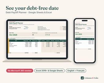 Debt Payoff Tracker Spreadsheet Google Sheets Excel, Debt Snowball and Avalanche Calculator, Debt Free Date Planner, Canada, English French