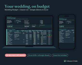 Modèle de budget de mariage en mode sombre (Google Sheets/Excel), modèle de planification de mariage, suivi de la liste des invités, paiements des prestataires