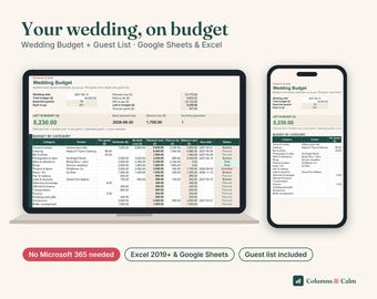 Feuille de calcul budgétaire pour mariage (Google Sheets et Excel), outil de suivi du budget de l'organisateur de mariage, liste des invités et suivi des confirmations de présence, suivi des paiements des prestataires