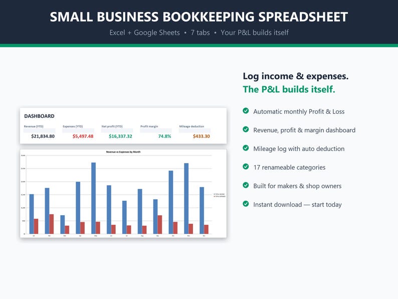 Modello di conto economico per Fogli Google ed Excel, foglio di calcolo per la contabilità delle piccole imprese, strumento di monitoraggio delle entrate e delle uscite, rendiconto economico, registro chilometrico immagine 3