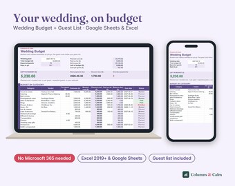 Planificateur de budget de mariage Google Sheets Excel, Feuille de calcul Mariage Lavande, Suivi des réponses des invités, Calculateur de coût par invité