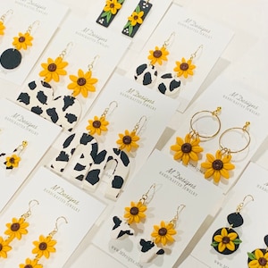 Country Simple Sunflowers & Cow Print Clay Earrings