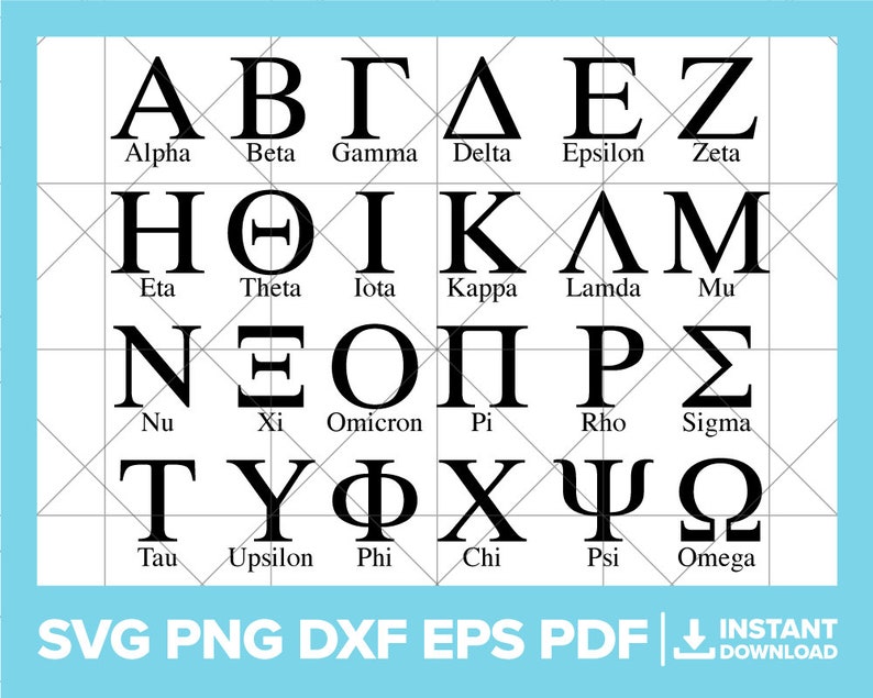 May include: A black and white graphic of the Greek alphabet. The letters are in uppercase and are arranged in a grid of six rows and six columns. Each letter is labeled with its name in lowercase letters below it.