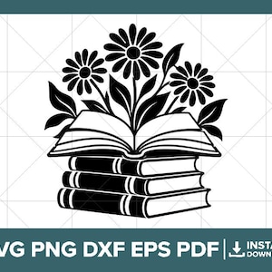 May include: A black and white graphic illustration featuring a stack of three closed books with an open book resting on top. Three large daisy flowers with stems and leaves emerge from the center of the open book pages. The design is set against a white grid background.