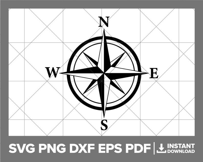 May include: Black and white compass with the cardinal directions N, S, E, and W.