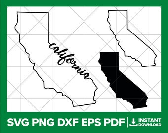 May include: Black and white outline of the state of California with the word "california" written in cursive inside the outline. A solid black outline of the state of California is also included.