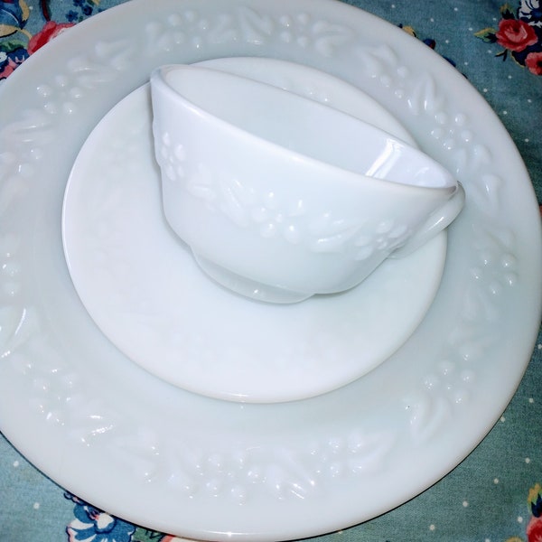 Vintage Hazel Atlas Embossed Floral Milk Glass Dinner Plates, Cup and Saucers;9 Pieces