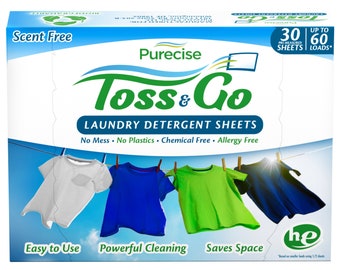 Purecise Toss & Go Laundry Detergent Sheets, Eco-Friendly, Powerful Cleaning, No Mess, Lightweight, Odor Removing - Up to 60 Loads