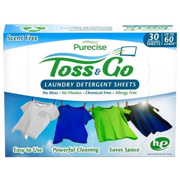 Purecise Toss & Go Laundry Detergent Sheets, Eco-Friendly, Powerful Cleaning, No Mess, Lightweight, Odor Removing - Up to 60 Loads