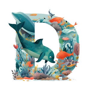Letra D, golfinho, pôster, ilustração colorida e vibrante, vida selvagem Decoração de quarto infantil, decoração de berçário, arte de parede IMPRIMÍVEL, DOWNLOAD digital