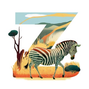 Z Letter, Zebra, Poster, colorful vibrant illustration, wild life Kids Room Decor, Nursery Decor, PRINTABLE Wall Art, Digital DOWNLOAD