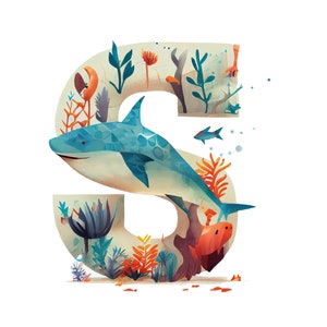 S Letter, Shark, Poster, colorful vibrant illustration, wild life Kids Room Decor, Nursery Decor, PRINTABLE Wall Art, Digital DOWNLOAD