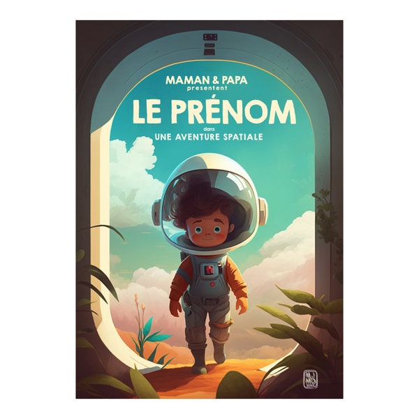 Poster numérique personnalisé au prénom de votre enfant, illustrant un petit garçon dans une aventure de découverte spatiale