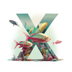 May include: A turquoise letter X with a watercolour effect, featuring a coral reef scene with colourful fish. The letter is surrounded by coral, seaweed, and fish, including a red and pink fish with a yellow stripe.