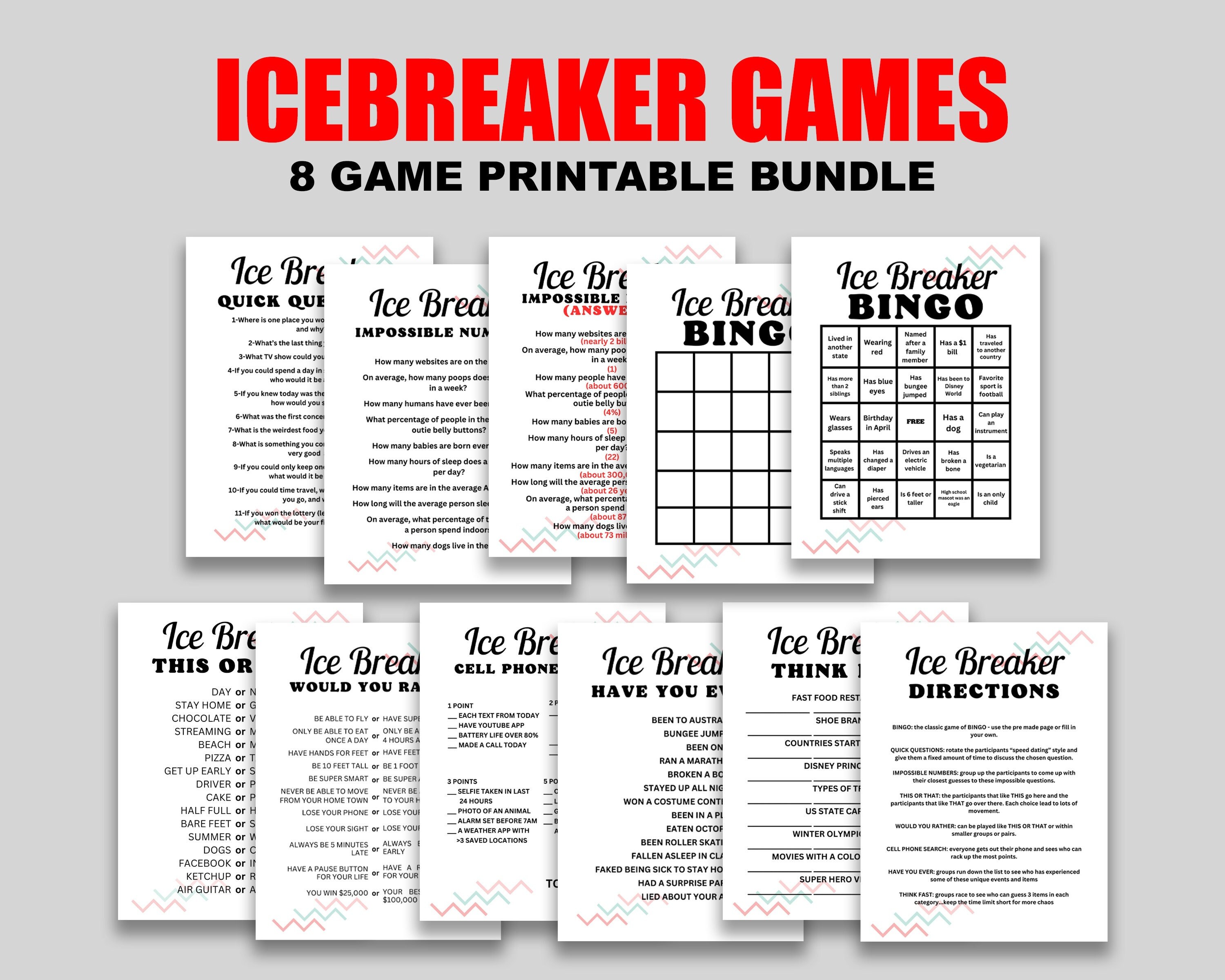 Icebreaker Games Bundle Ice Breaker Games Ice Breaker Questions Office  Party Games Happy Hour Games Printable Games ICE01 