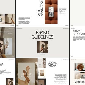 May include: A multi-page brand guidelines document featuring sections on web application, print application, brand values, and social media. The layout includes black text on white backgrounds, with photographic inserts showing lifestyle imagery, a smartphone, and hands.