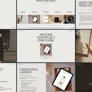 May include: A digital client welcome packet template featuring multiple slides with black text on a light background. The slides include sections titled What's Included, Project Timeline, Welcome Your Project Starts Here, How We Work Together, and Handover & Launch.