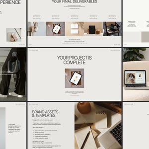 Könnte beinhalten: Eine digitale Markenrichtlinien-Präsentationsvorlage mit mehreren Folien in einer neutralen Farbpalette, serifenloser Typografie und verschiedenen Layouts, einschließlich Seiten für Projektabschluss, Website-Anleitungen und Markenvorlagen.