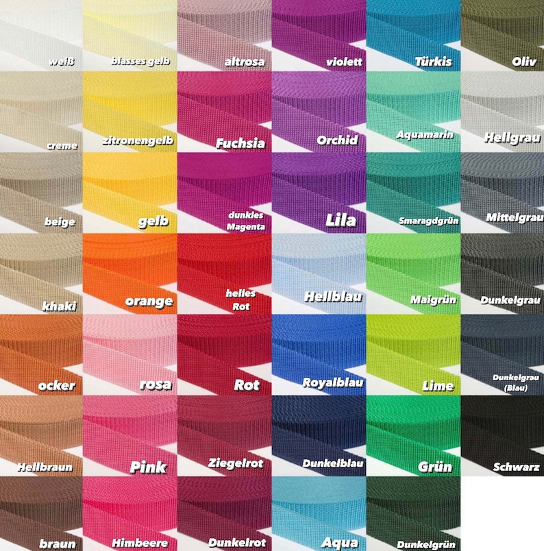 Op de afbeelding: Een kaart met 25 verschillende stofstalen in verschillende kleuren, onder elk staal staat de Duitse kleurnaam.