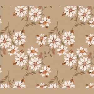 Op de afbeelding: Een naadloos patroon met witte madeliefjes met bruine centra op een lichtbruine achtergrond. De tekst "boho g&auml;nseblumen" staat onderaan de afbeelding.