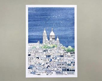 Sacre Coeur at night, Montmartre, Paris Print. Original Watercolour Illustration, A4 or A5 unframed.