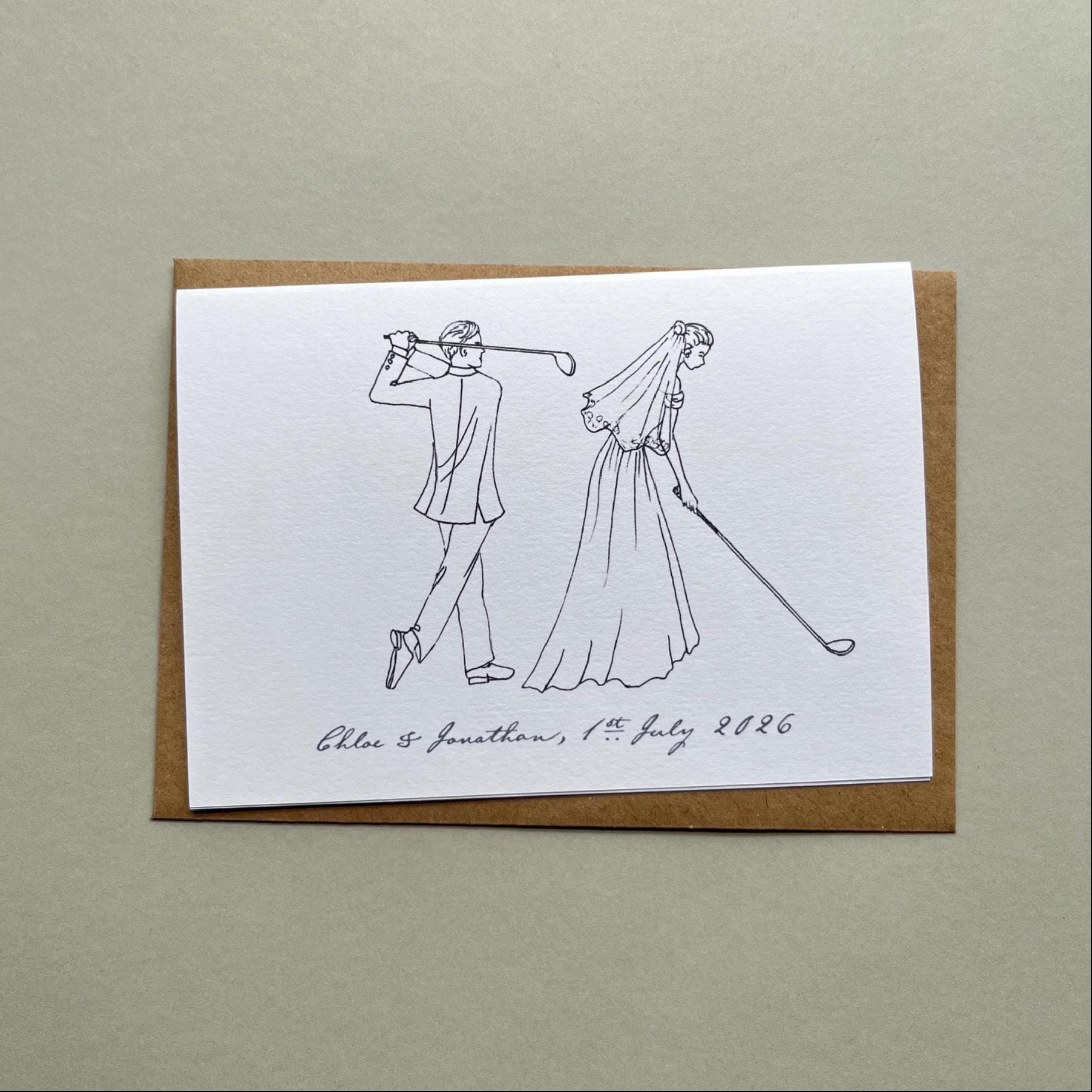 Golf themed wedding card, with golfing bride and groom. Personalised Anniversary Card Golf themed wedding card, with golfing bride and groom. Personalised Anniversary Card