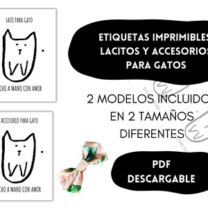 Afdrukbare labels die verkopers kunnen toevoegen aan het kattenvlinderdaspakket. Leuk zwart-wit katje, kant-en-klare bewerkbare PDF in het Spaans