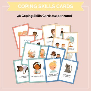 May include: A collection of 48 coping skills cards, each with illustrations and text. The cards are divided into zones: red, green, and blue. The cards feature images of activities like stretching, eating, and hugging pets. The text "COPING SKILLS CARDS" is at the top.