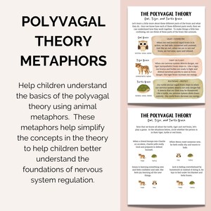 May include: A colorful infographic explaining the Polyvagal Theory using animal metaphors. The infographic features an owl, tiger, and turtle, each representing a different state of the nervous system. The text explains how each animal represents a different state of the nervous system: calm, connected, fight or flight, and shutdown/protect.