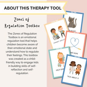 May include: The Zones of Regulation Toolbox, an emotional regulation tool, is displayed. The image shows cards with illustrations and text, including "Connect with a Friend," "Jump Rope," and "Talk About It." The toolbox helps children understand and regulate their feelings.