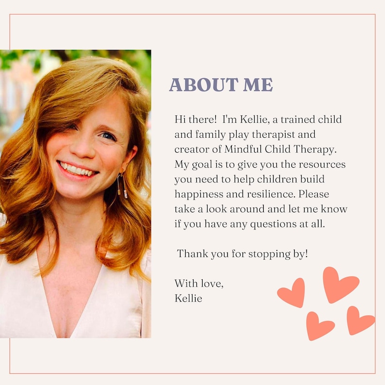May include: A smiling woman with red hair is featured in a promotional image. The text "ABOUT ME" is at the top, followed by a description of her work as a child and family play therapist. Pink hearts decorate the bottom right corner.
