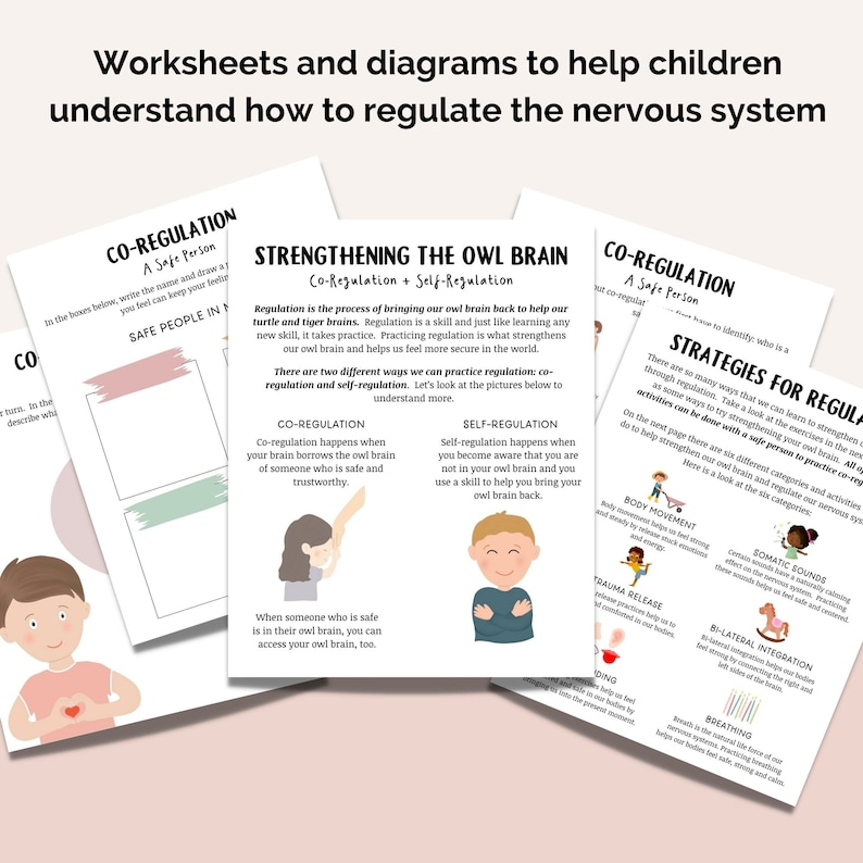 May include: A set of printable worksheets and diagrams for children to help them understand how to regulate their nervous system. The worksheets feature illustrations of owls and other animals, and include text about co-regulation and self-regulation.
