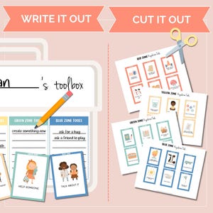 May include: A peach-colored educational resource with the text "WRITE IT OUT" and "CUT IT OUT". The image includes a pencil, cards with illustrations, and a toolbox graphic. The cards are labeled with zones and tools.