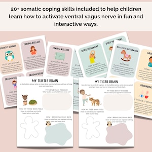 May include: A set of printable cards with illustrations and prompts for children to learn about their brain and how to regulate their emotions. The cards feature a turtle, a tiger, and an owl, and include phrases like "My Turtle Brain", "My Tiger Brain", and "How I Bring Owl Brain Back".